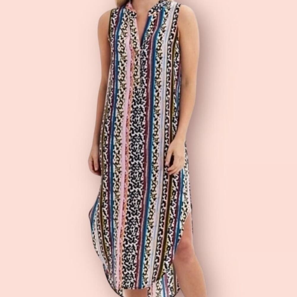 Marie Oliver Silk Maxi Dress Sleeveless Multiprint Leopard Stripe XS Boho Luxury